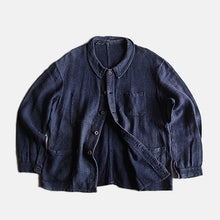 Load image into Gallery viewer, ~1920's FRENCH WORK INDIGO LINEN WOOL WORK JACKET (LARGE)