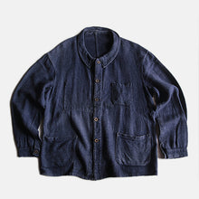 Load image into Gallery viewer, ~1920's FRENCH WORK INDIGO LINEN WOOL WORK JACKET (LARGE)