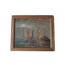 画像をギャラリービューアに読み込む, 〜1940's "FISHERMAN TOWN" CANVAS OIL PAINTING VINTAGE PICTURE