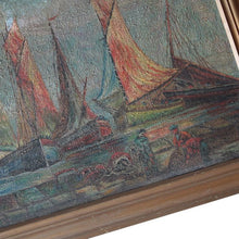 画像をギャラリービューアに読み込む, 〜1940's "FISHERMAN TOWN" CANVAS OIL PAINTING VINTAGE PICTURE