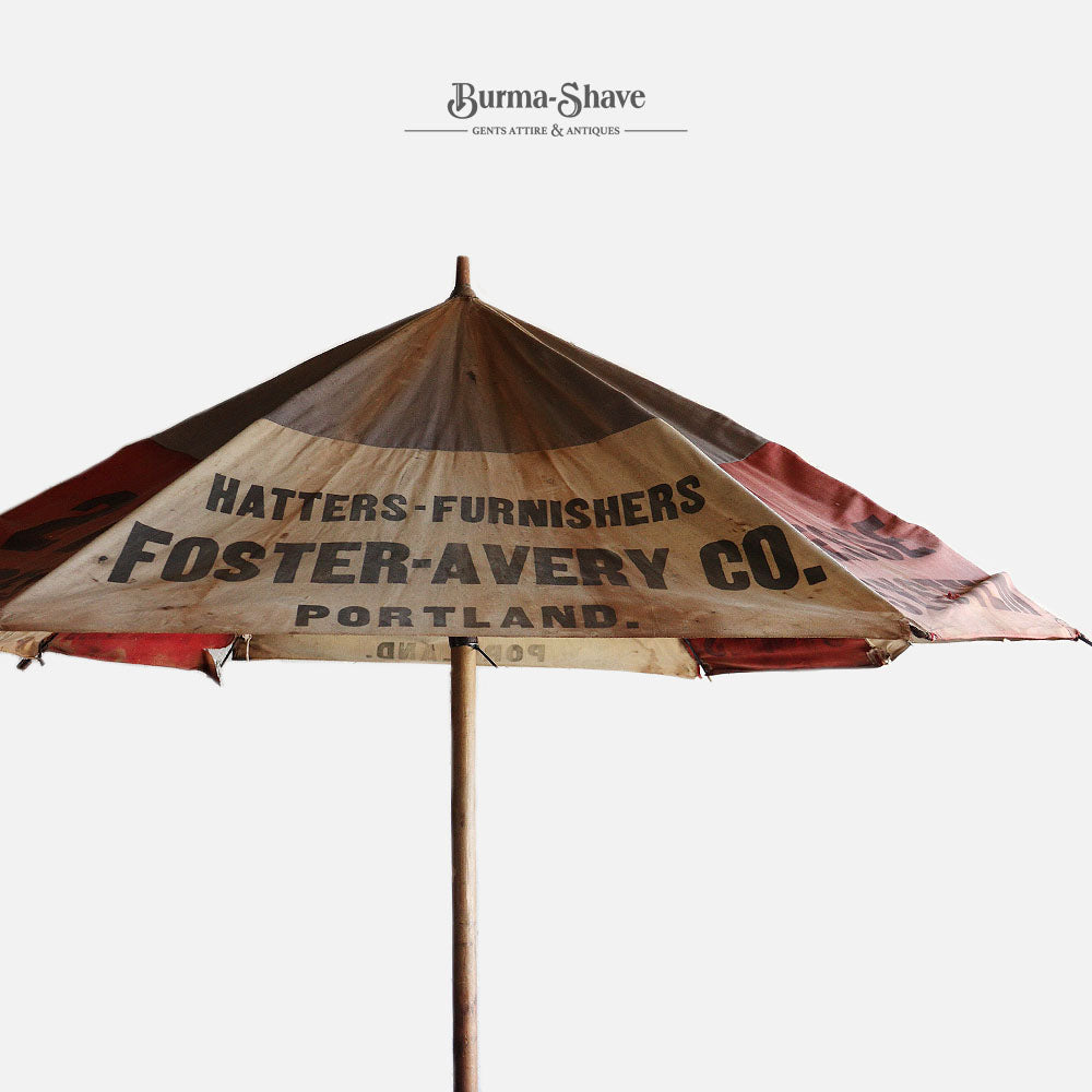ANTIQUE ADVERTISING UMBRELLA (CLOTHIERS FOSTER-AVERY CO. / DISTRESSED CONDITION)