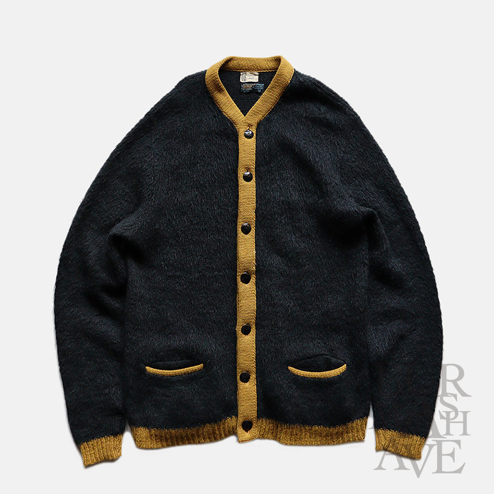 1950's～ TWO TONE MOHAIR CARDIGAN (SZ ABOUT L-XL / BLACK AND MASTARD)