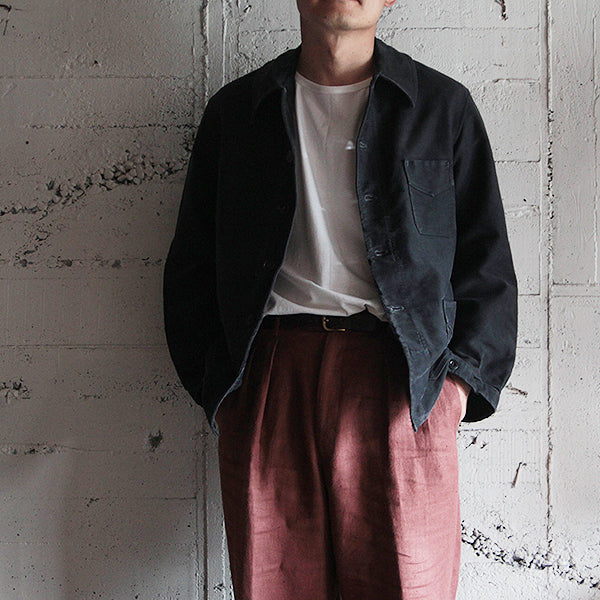 1940's FRENCH WORK BLACK MOLESKIN JACKET WITH V-POCKET