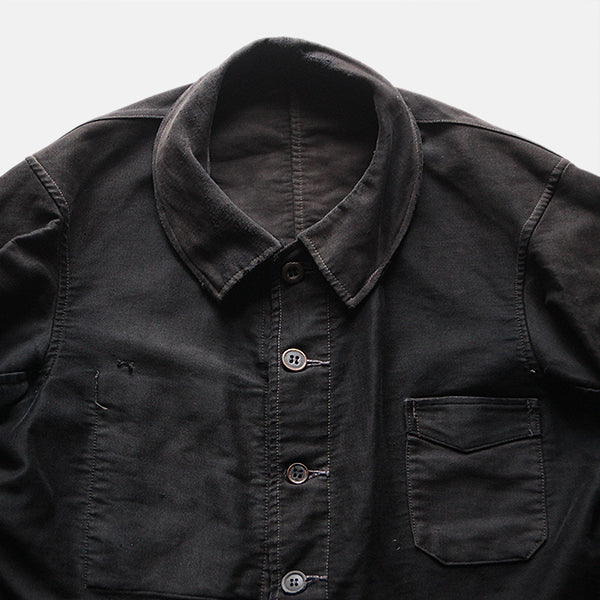 1940's FRENCH WORK BLACK MOLESKIN FADED JACKET WITH V-POCKET