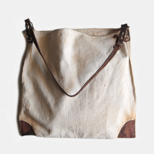 1930's FRENCH CANVAS COTTON BAG WITH LEATHER STRAP